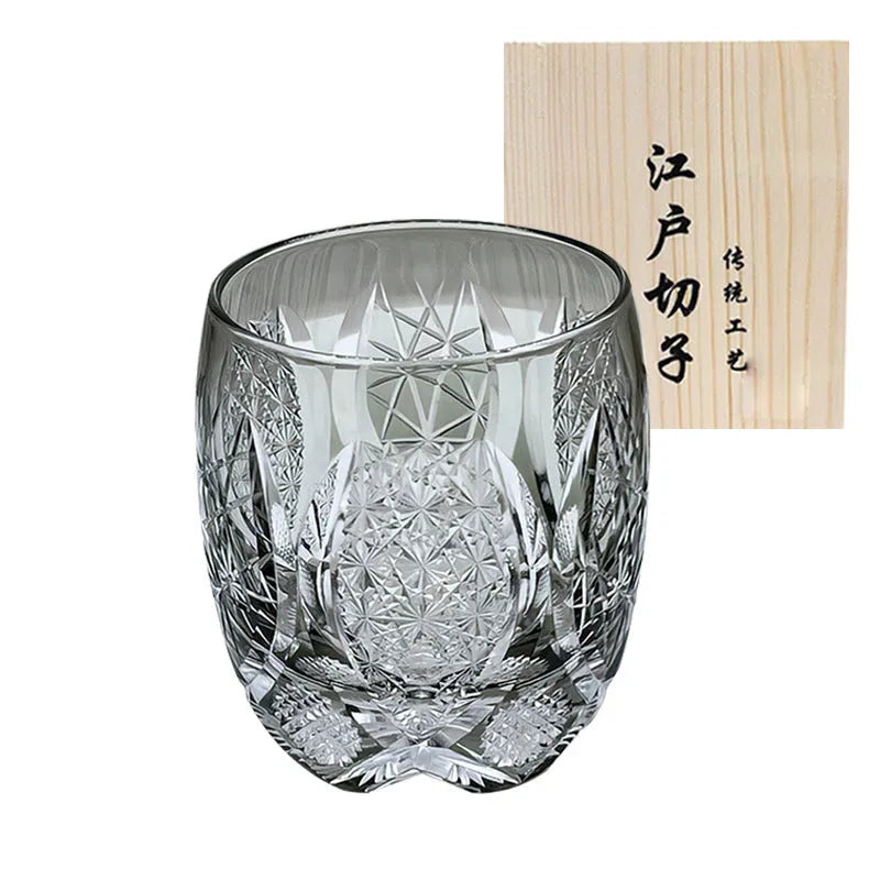 Japanese-style Edo crystal glass whisky tumbler with amber flash cut design in wooden box