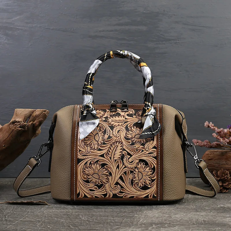 Brown vintage-style leather messenger bag with a front flap, showing textured first-layer cowhide and a shoulder strap.