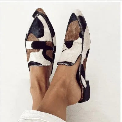 Women's black and white apricot imitation horse hair low heel shoes with pointed toe