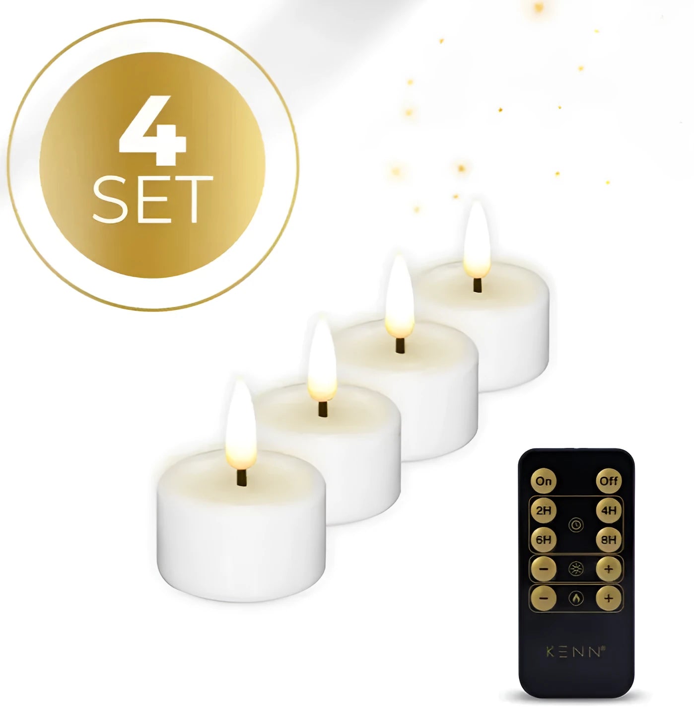 Set of four small white LED tealight candles placed together.
