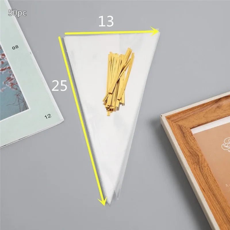 Clear triangular plastic packaging bag with a green wire tie, showing three size options and pack quantities.