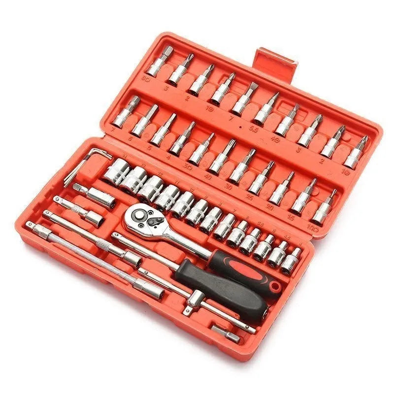 53-piece socket wrench ratchet spanner set in red and black storage box for home hardware repair