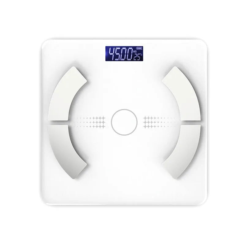Smart Bluetooth body fat scale in white colour showing digital display with health metrics