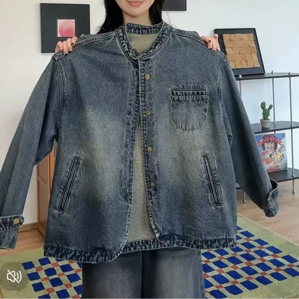 Women's loose slim casual commuter blouse long sleeve straight hem blue polyester front view