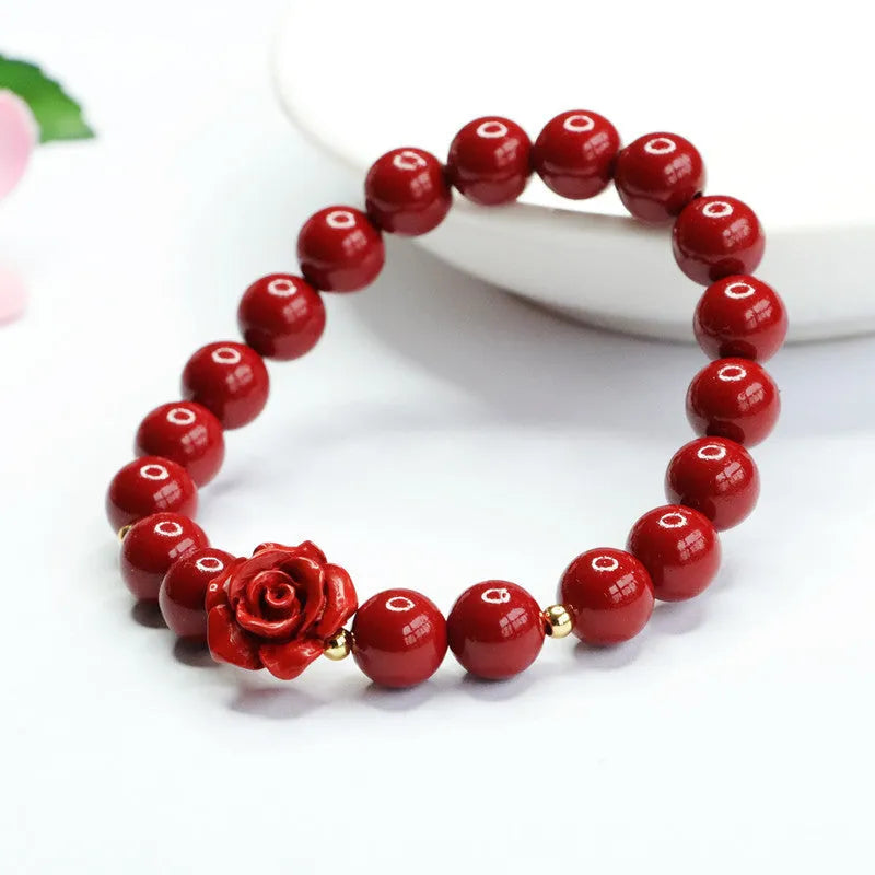 Natural cinnabar bracelet with 8mm purple gold sandstone rose beads and handcrafted design
