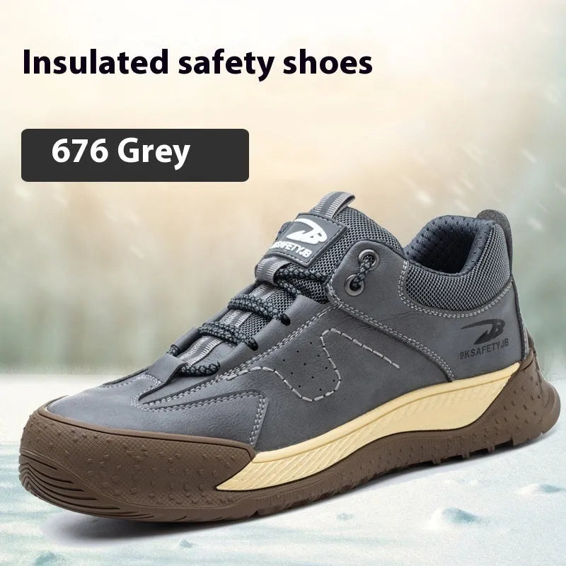 Flyknit leather safety work shoe with rubber sole, shown in black colour.