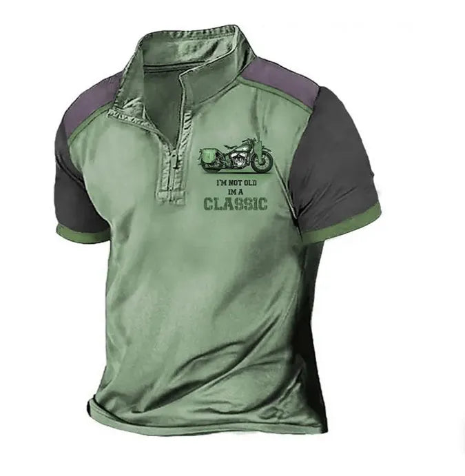 Men's solid colour loose fit golf polo shirt made from bird eye cloth, showing digital print detail.