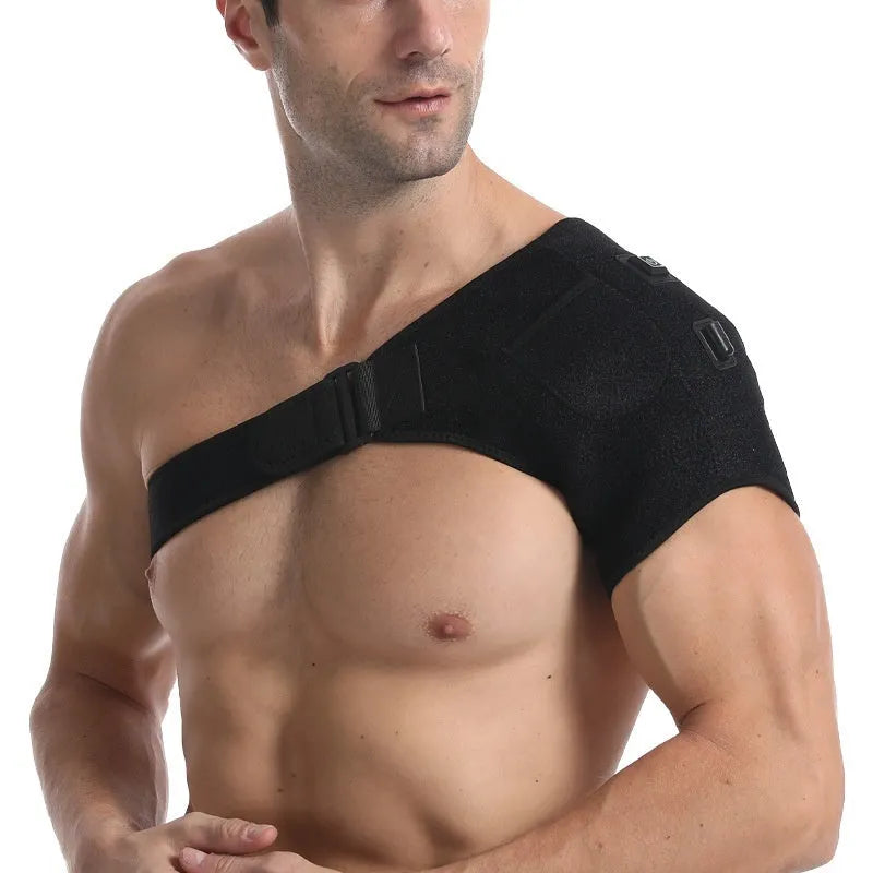 USB electric heating shoulder pad with adjustable elastic strap, plugged into a power bank.