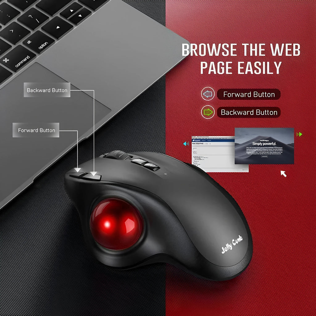 Black wireless trackball mouse with dual-mode 2.4G Bluetooth, rechargeable, luminous accent, 2400 DPI, 13x20x6cm