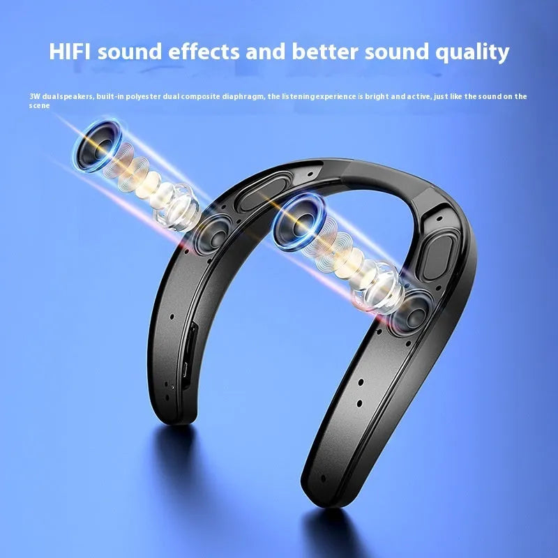 Black neck-mounted stereo wireless Bluetooth speaker with USB charging cable on neutral background