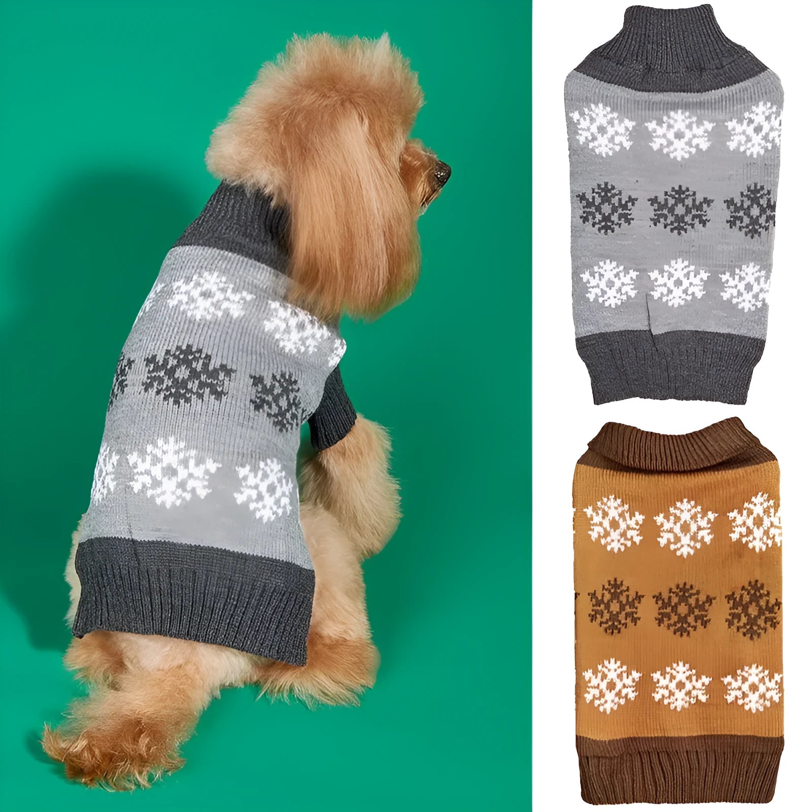 Grey and brown snowflake pattern acrylic dog sweater shown in sizes from XXS to XL.