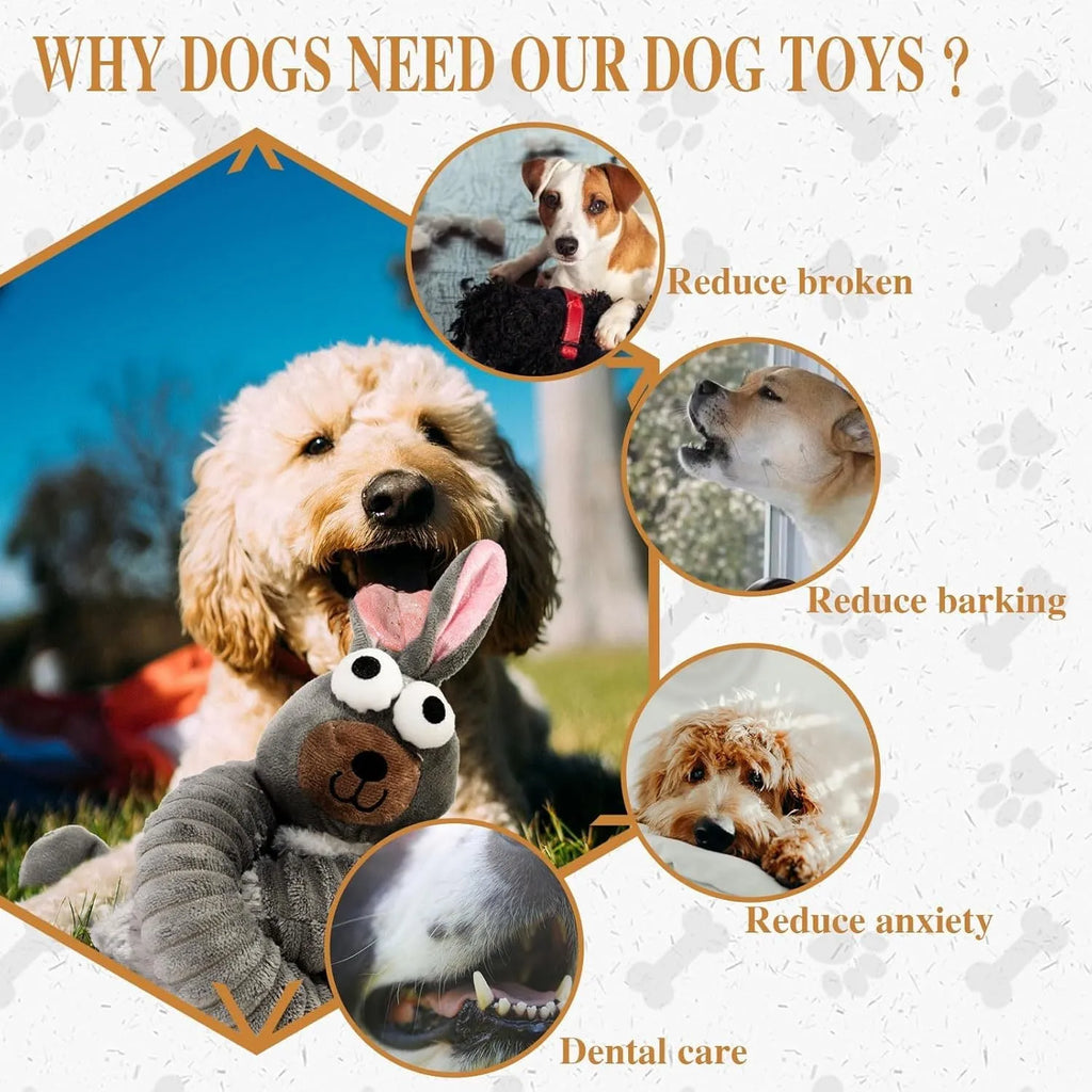 Plush stuffed squeaky dog toy with crinkle material in brown, grey and yellow colours for teething and play