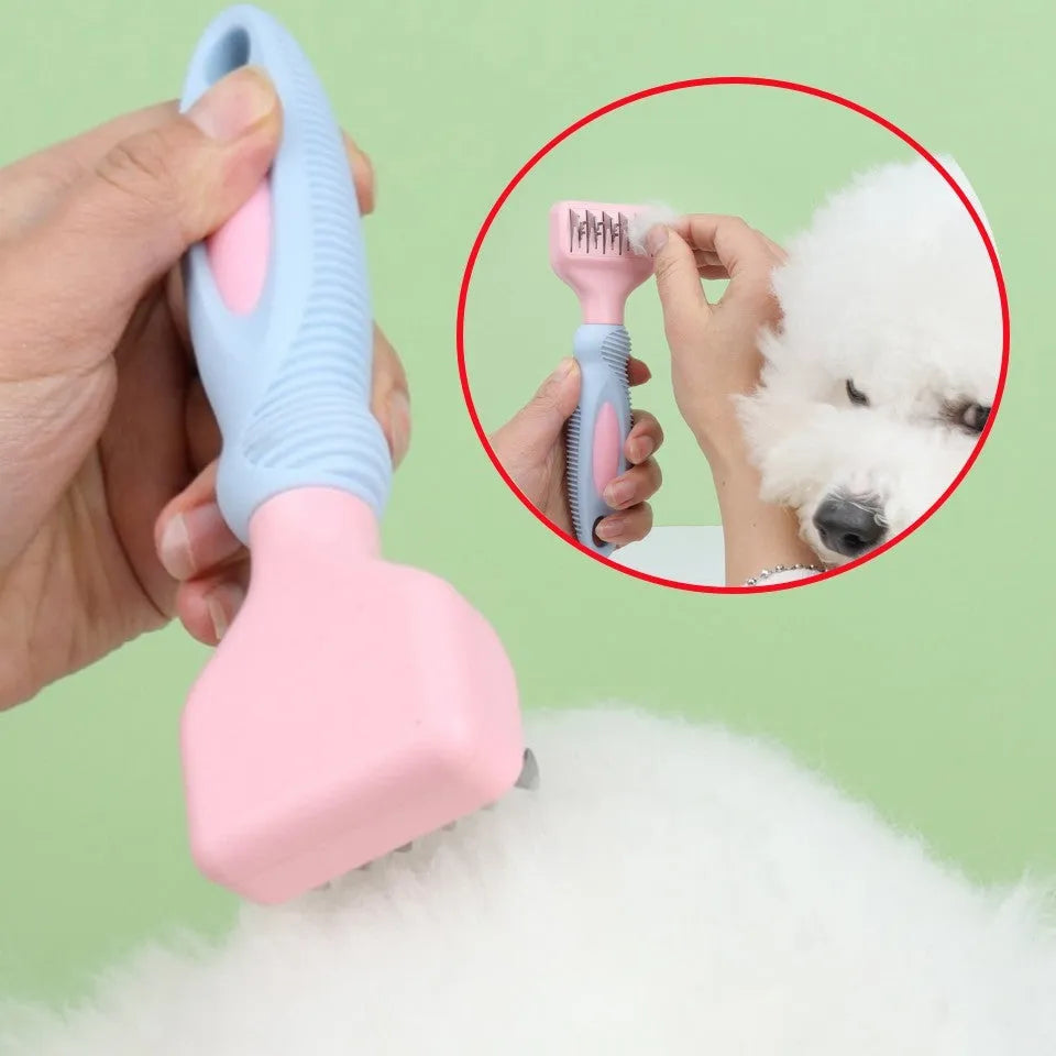 Stainless steel pet grooming comb with de-matting blade and massage bristles in pink or purple