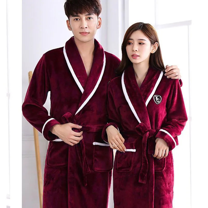 Flannel thickened long section bathrobe for men and women with wine red and white stripes, pastoral style, size options M to 3XL
