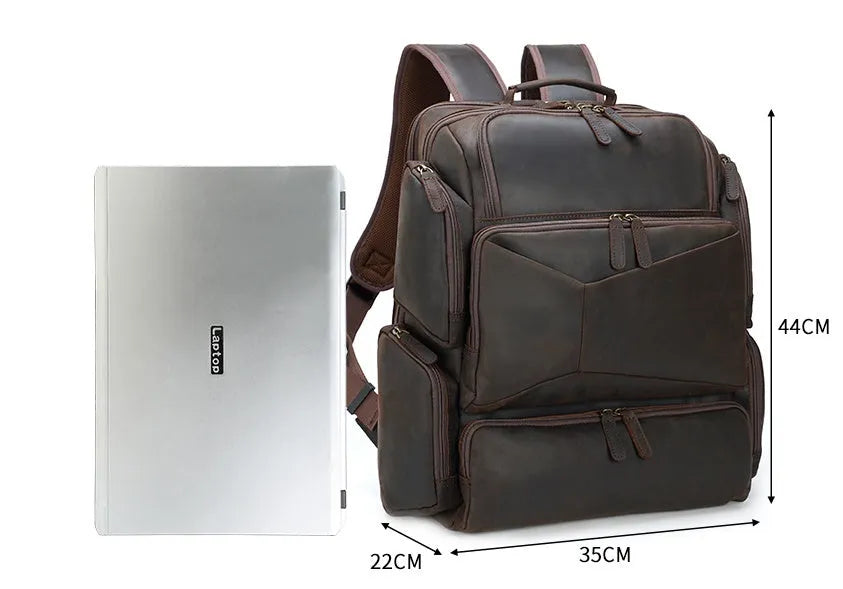 Dark brown Retro Crazy Horse leather backpack for men with a 17-inch laptop compartment open.