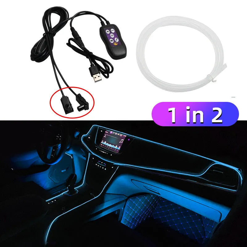 Car dashboard LED ambient lighting kit with USB connection and flexible PVC strips