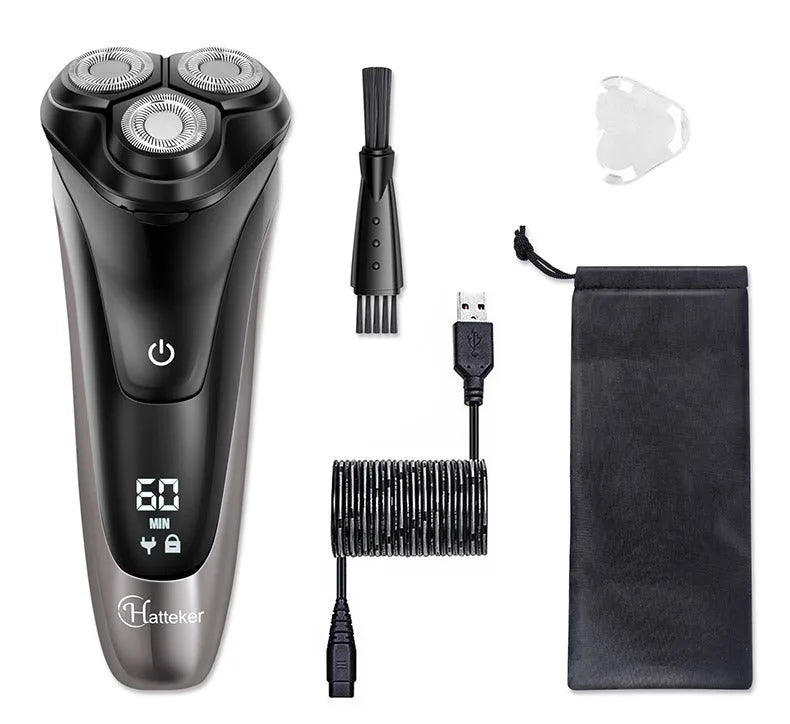 Men's electric shaver kit with three floating heads, pop-up trimmer, USB cable, and accessories on grey background