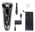 Men's electric shaver kit with three floating heads, pop-up trimmer, USB cable, and accessories on grey background