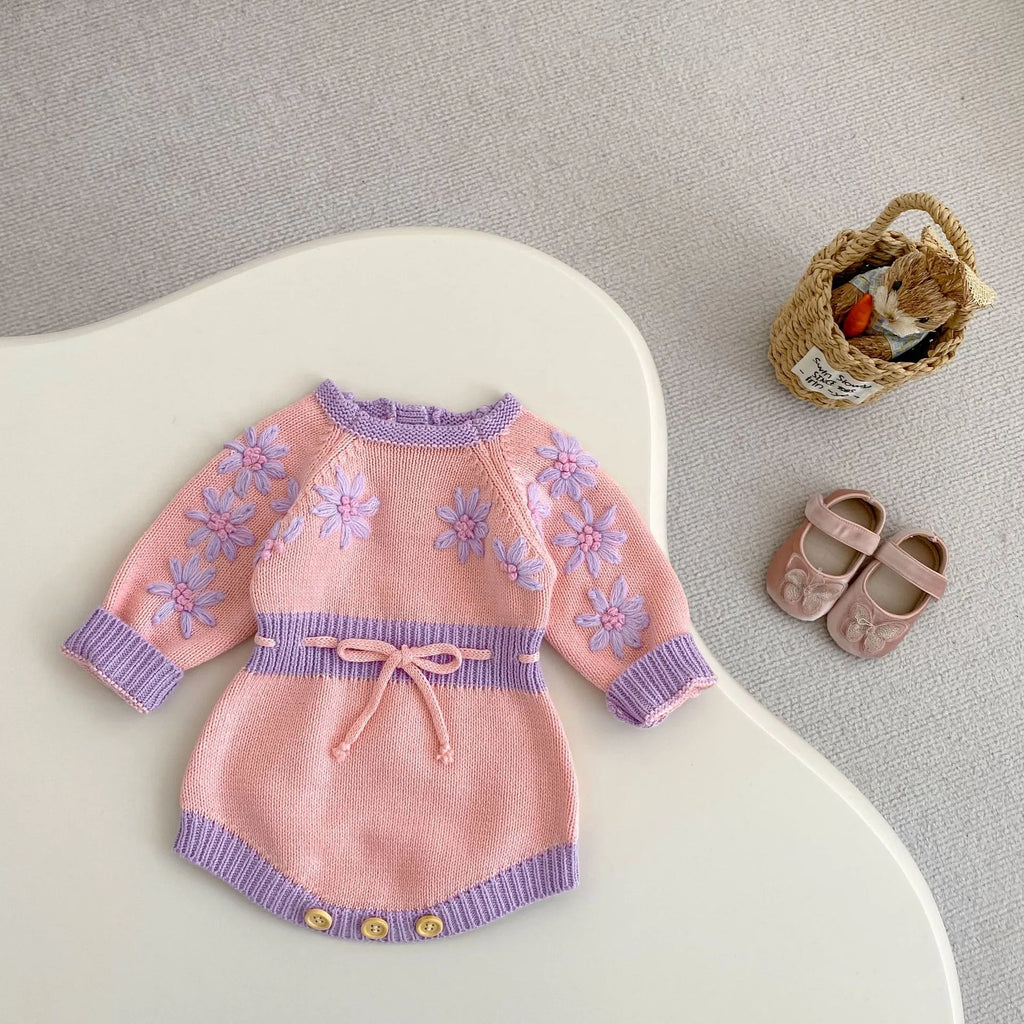 Handmade embroidery long sleeve baby girl jumpsuit in Good Pink cotton, triangle pullover style