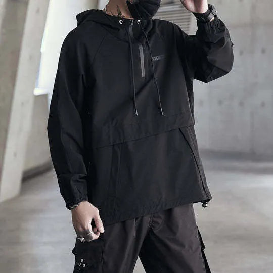 Men's black hooded zip-up thin coat, loose fit, sizes M to 2XL, external wear outer layer