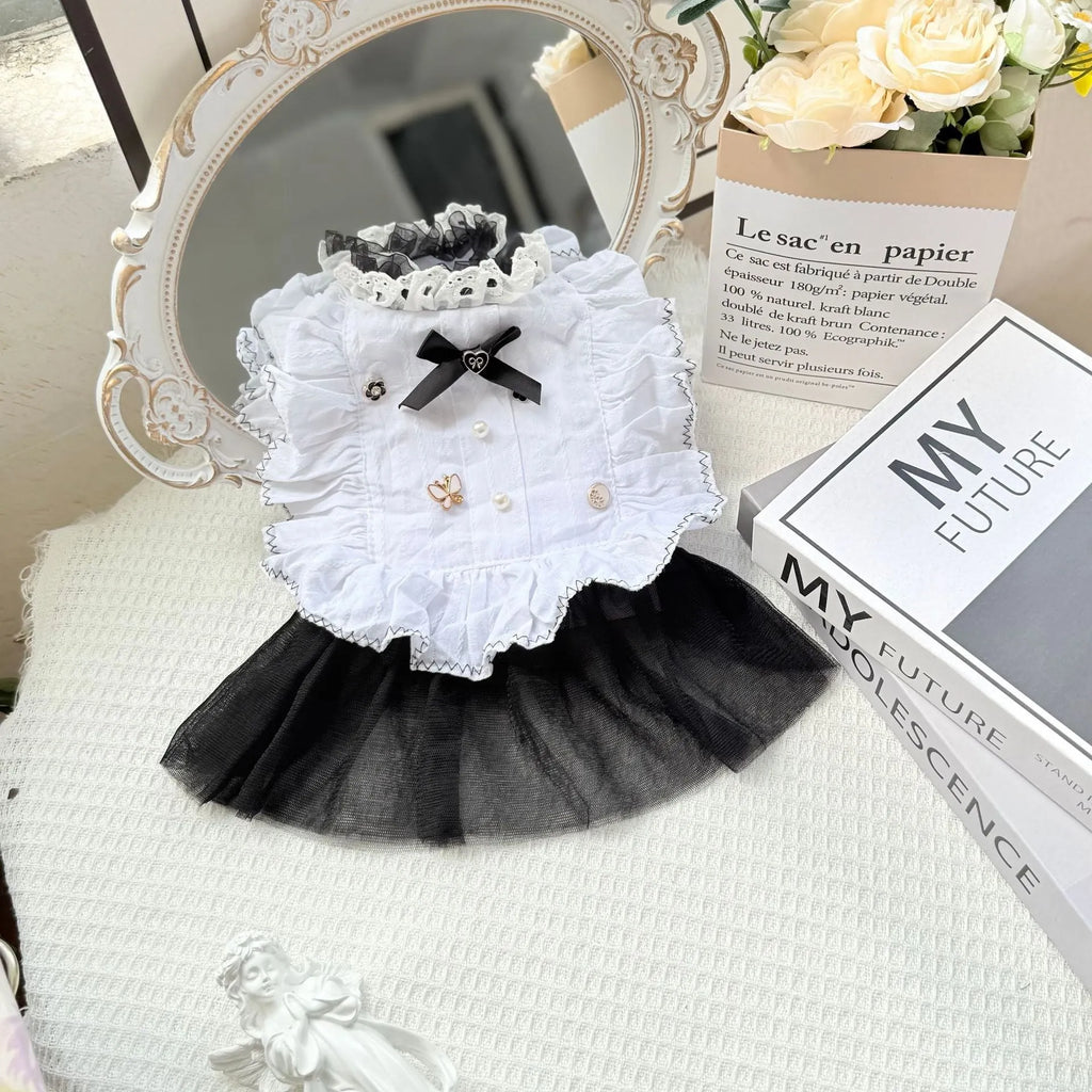White yarn-textured gauze skirt for a small dog, shown in a princess-style fit on a pet.