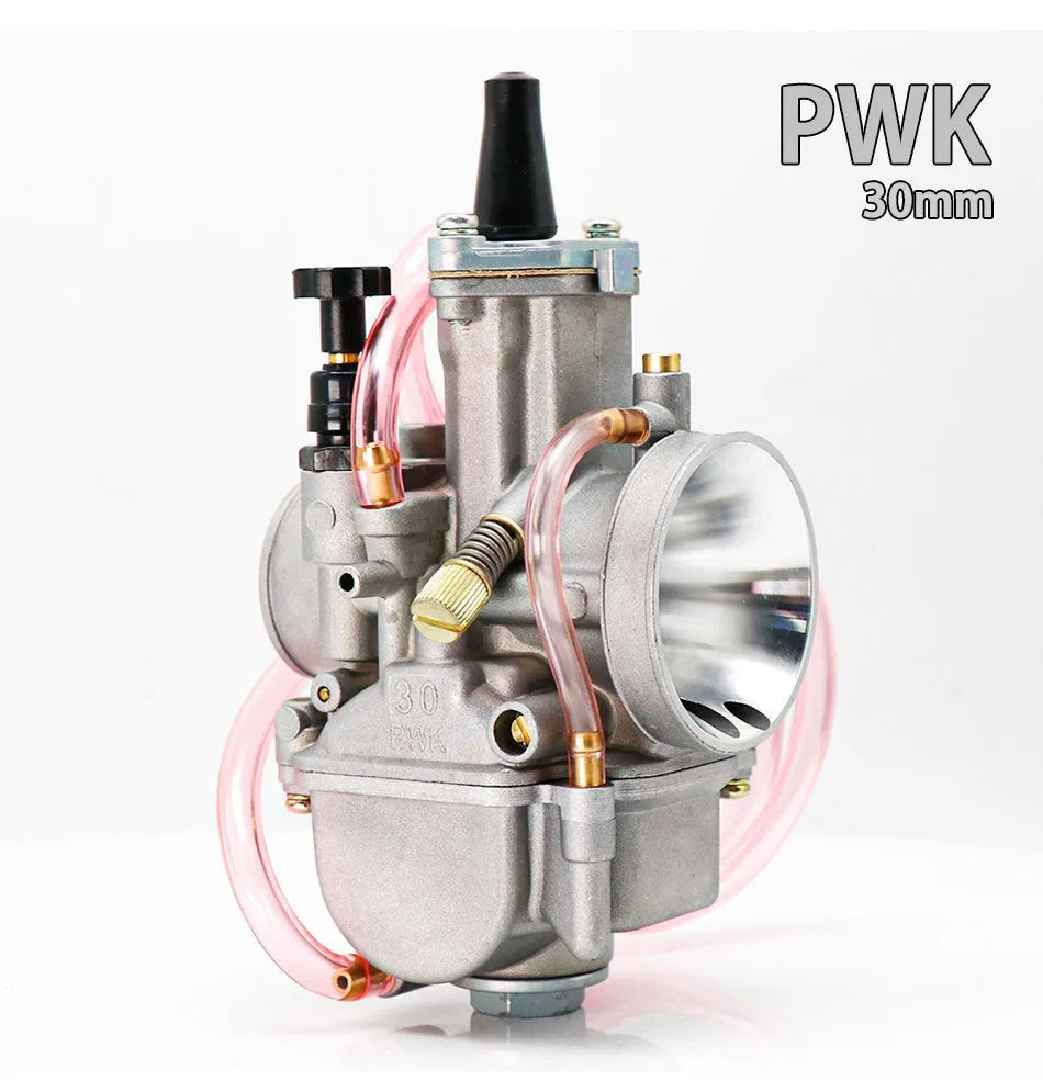 PWK sandblasting motorcycle carburetor for performance modification, shown in multiple bore sizes.