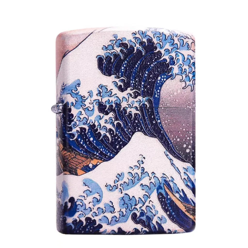 Coloured lacquer windproof lighter with Kanagawa surf design, steel inner liner, copper housing