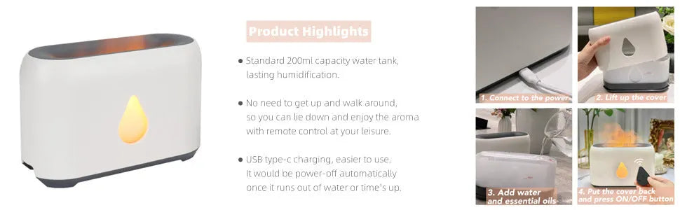 Two-colour 3D flame aroma diffuser humidifier on desk with USB cable, black and white options