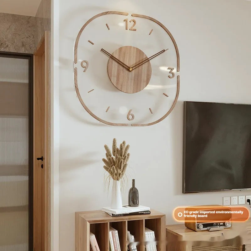 Transparent wooden wall clock showing internal mechanism in modern 35x35cm framed and frameless designs