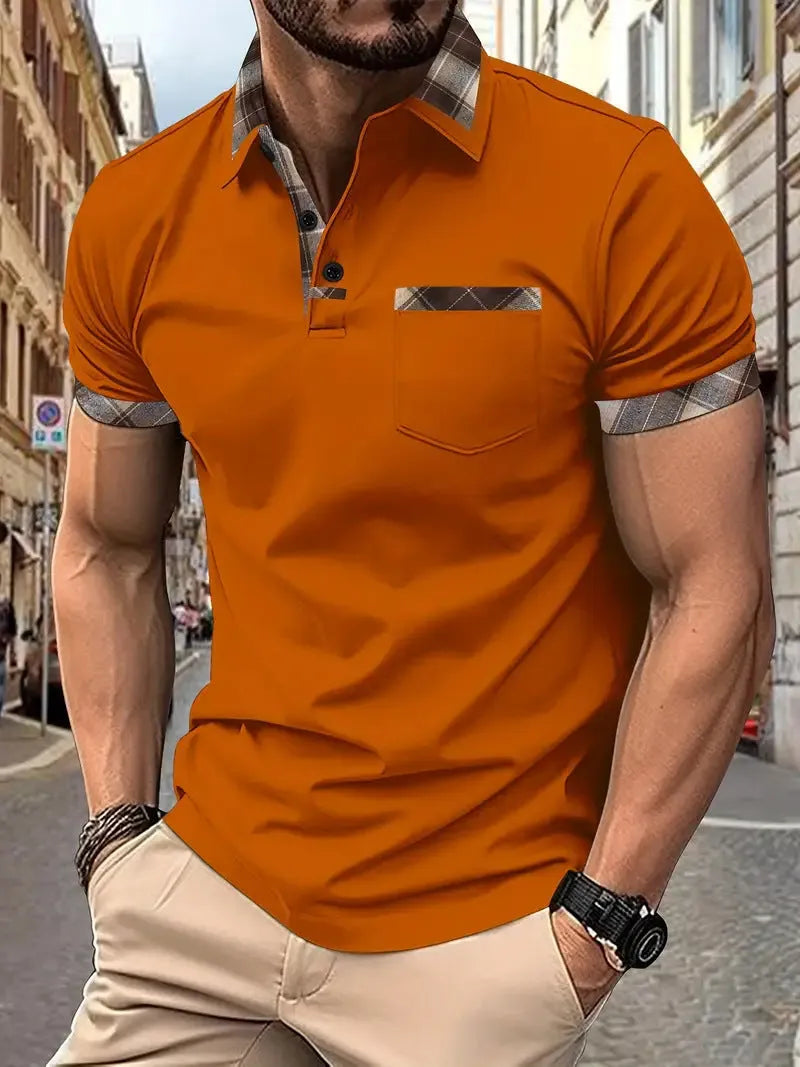 Men's colourblock plaid t-shirt with short sleeves and zipper decoration detail