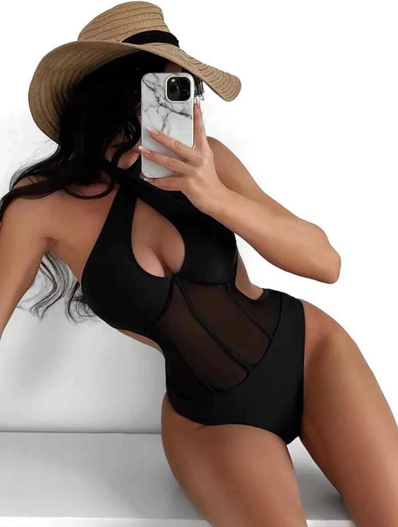 Ladies black one-piece swimsuit made from nylon and spandex blend fabric
