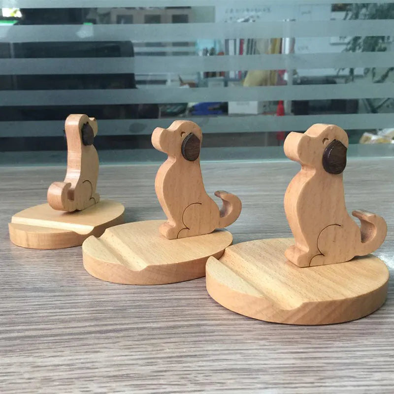 Brown solid wood cartoon puppy phone holder for desktop use with spray-painted finish