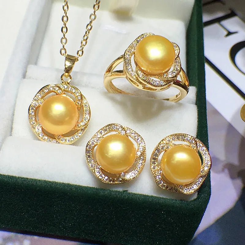 8-9mm freshwater pearl necklace, earrings and ring set with box and chain in six colours