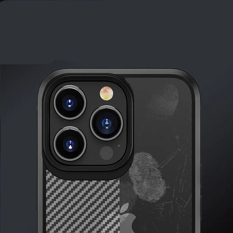 Black and blue anti-fall protective phone cases for iPhone 13 series with carbon fibre pattern.