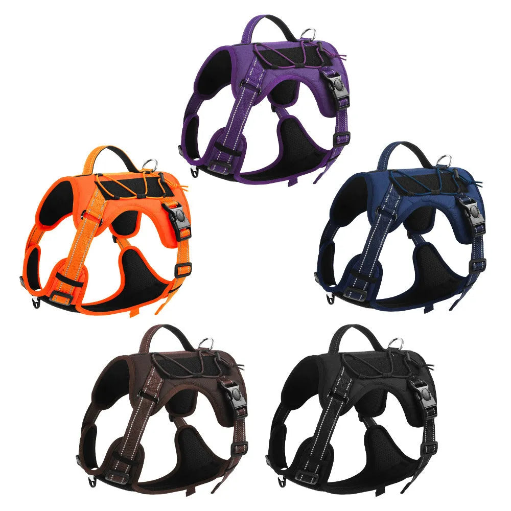 Orange dog harness vest with reflective strips, detachable hand-holding rope, and explosion-proof buckle closure