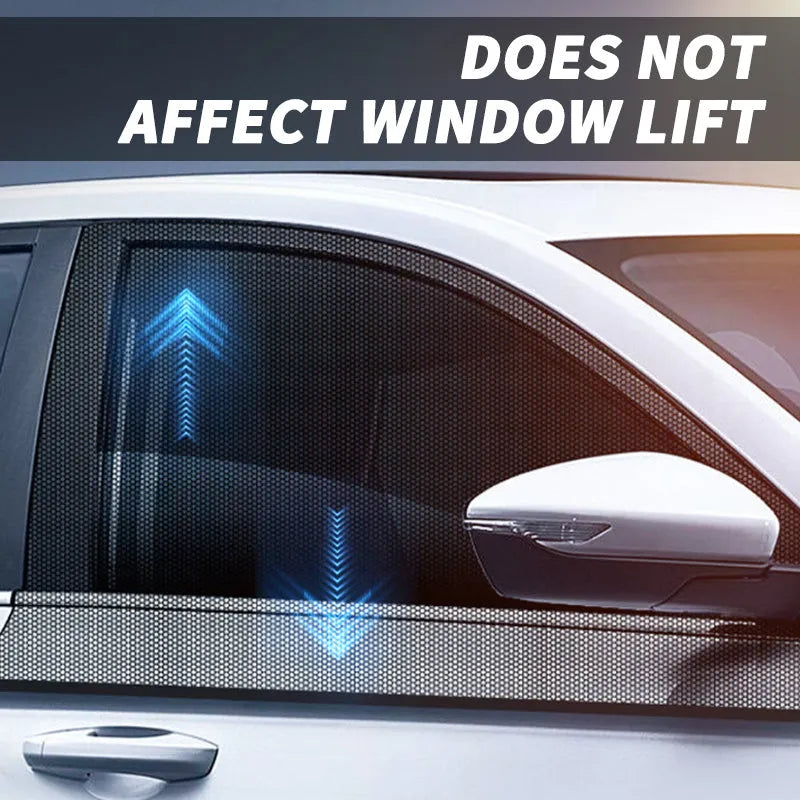 Set of four grey mesh car side window sunshades with elastic edges, shown fitted on a car.