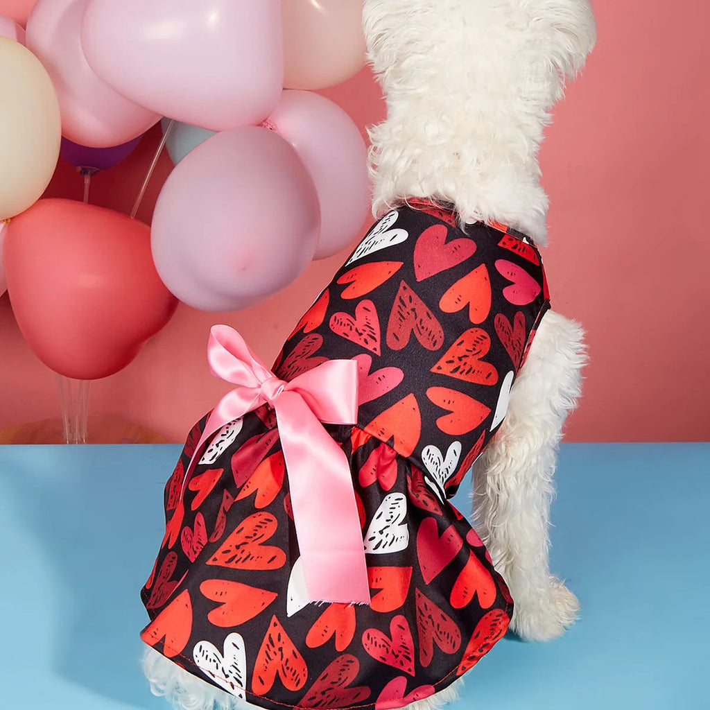 Pet dog cat Valentine's Day love full printed dress in polyester, black and white, sizes XS to 2XL