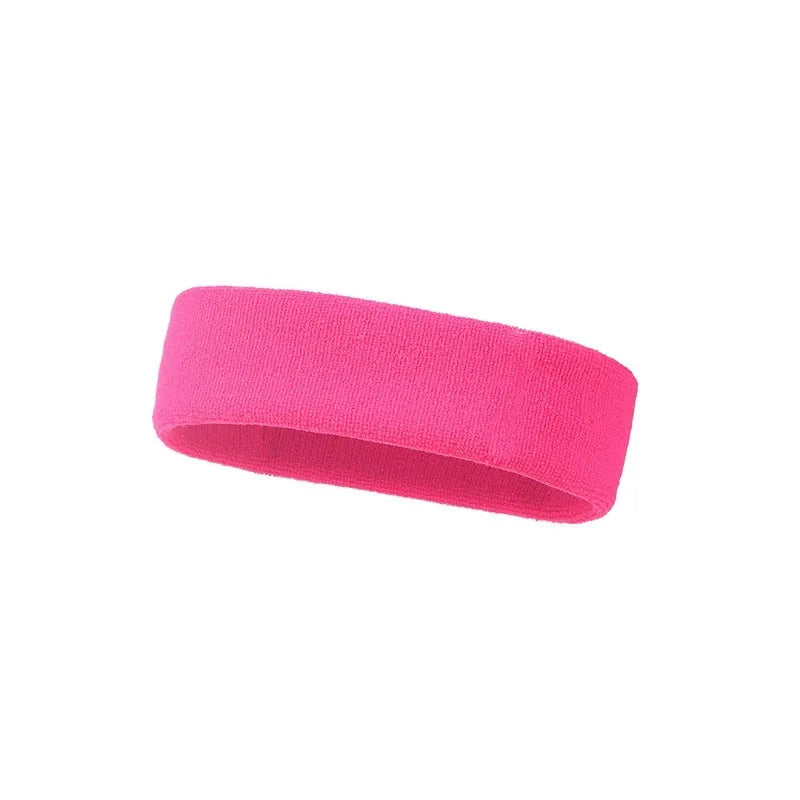 Elastic anti-sweat sports headband in solid colours: black, red, blue, rose red, and sky blue.
