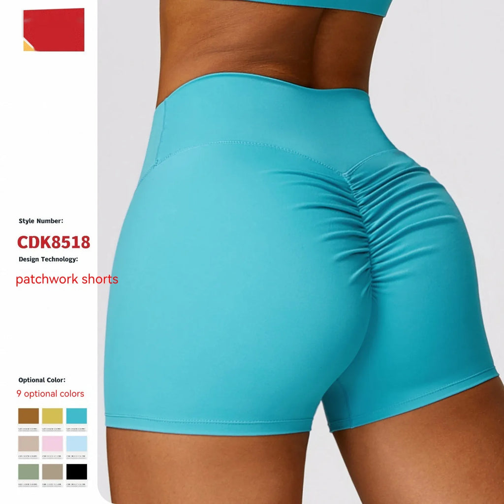 Women's high waist yoga shorts with belly control and peach hip design in nylon fabric
