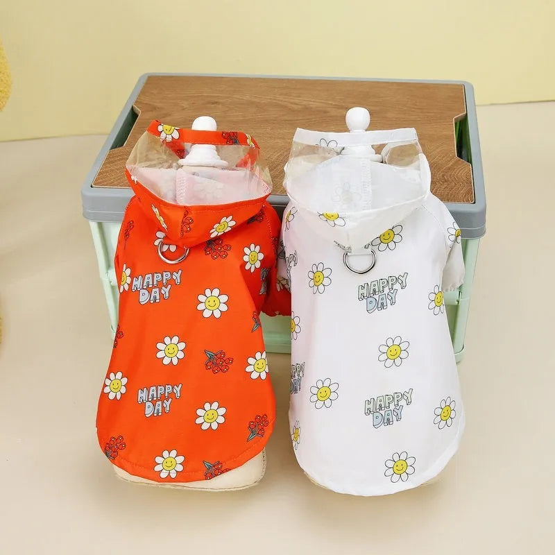 Transparent dog raincoat with pull ring traction in orange floral pattern
