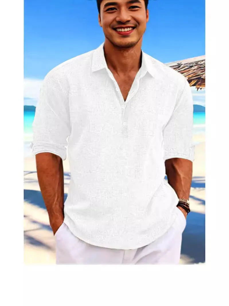 Men's loose-fit solid colour pullover shirt in khaki, front view