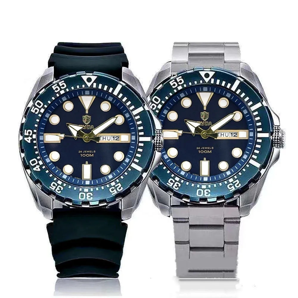 Men's waterproof watch with luminous quartz movement in silver case with blue dial and steel bracelet