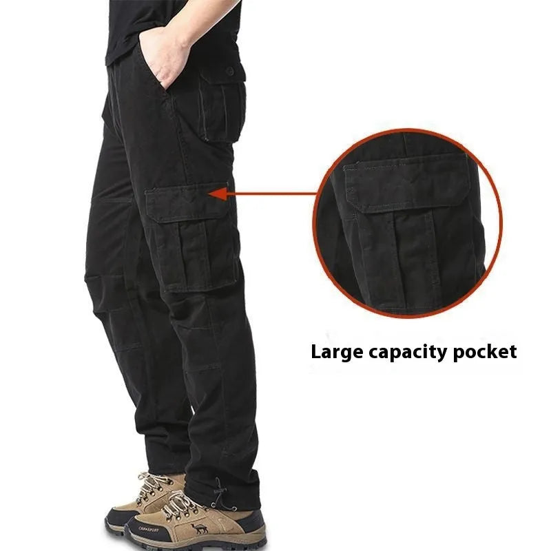 Men's multi-pocket 100% cotton cargo pants in khaki, mid waist with zipper fly, size M-5XL