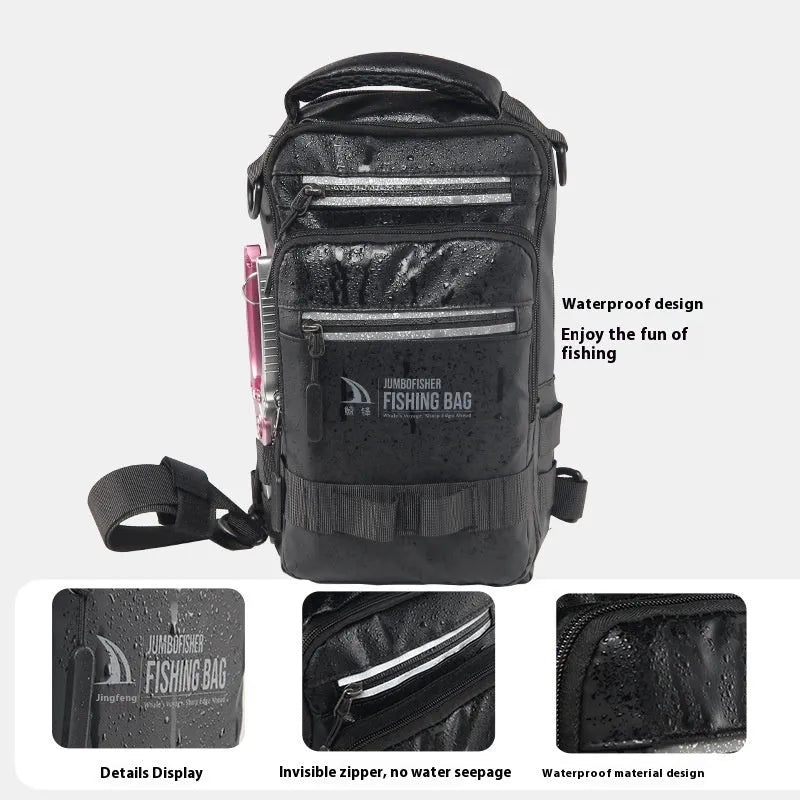 Men's canvas and PVC outdoor fishing backpack with single shoulder strap, 18x9x31cm size for bait storage