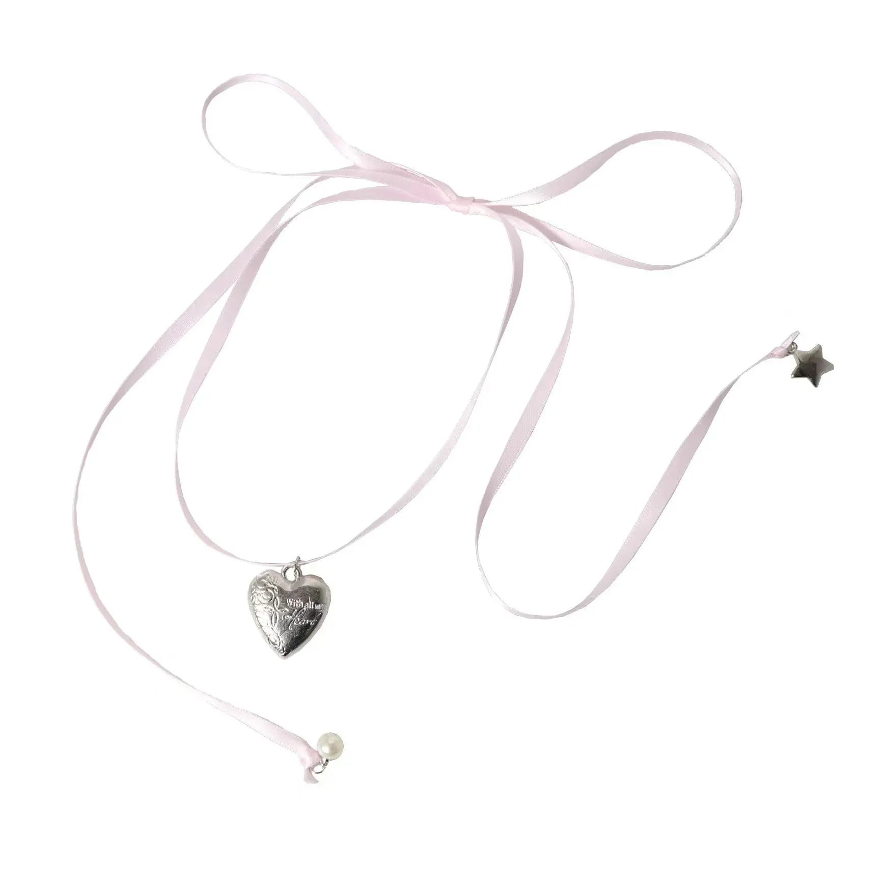 Women's alloy fashion necklace with a love pendant and ribbon detail on a clavicle chain.