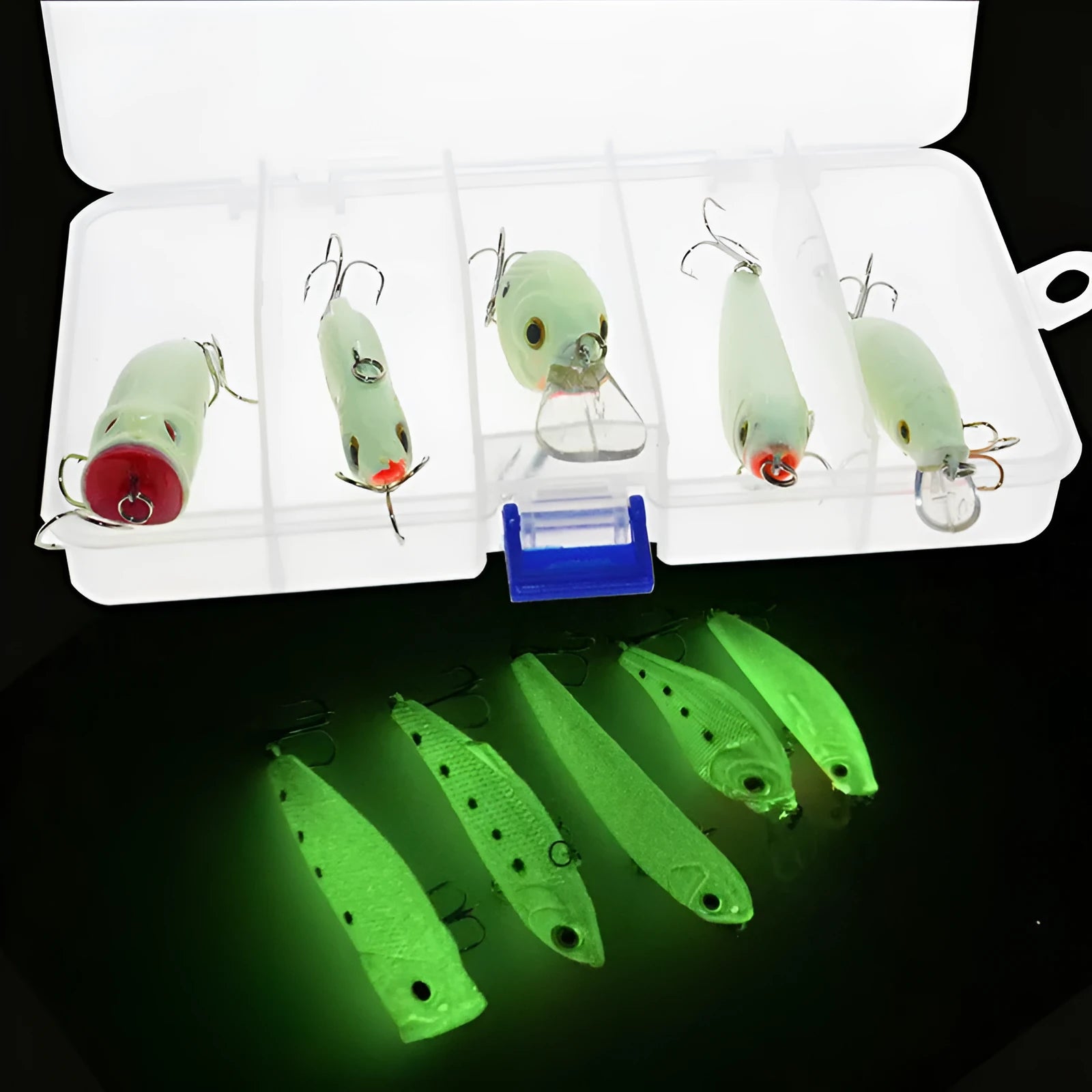 Set of five fluorescent green and orange 3D hard bait fishing lures on a blue background.