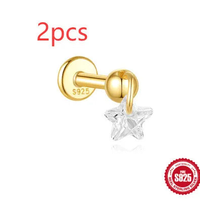 S925 sterling silver geometric moon and star earrings with diamond detail on a gold tone background.