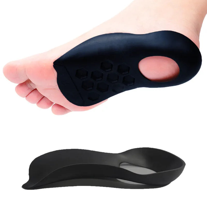 Pair of varus correction arch support insoles in TPR material on a white background.
