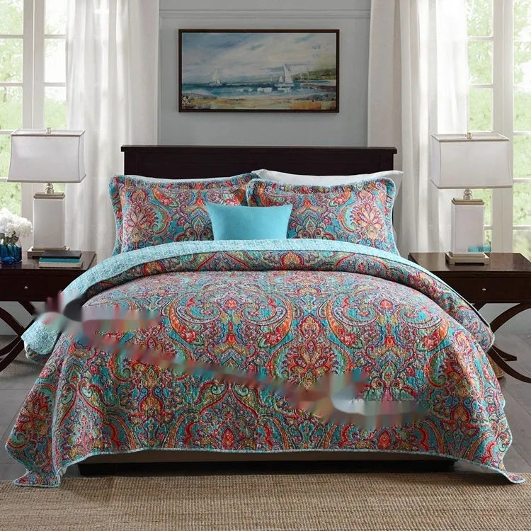Quilted cotton bed cover set with printed pattern on 1.5-1.8m bed including two pillowcases