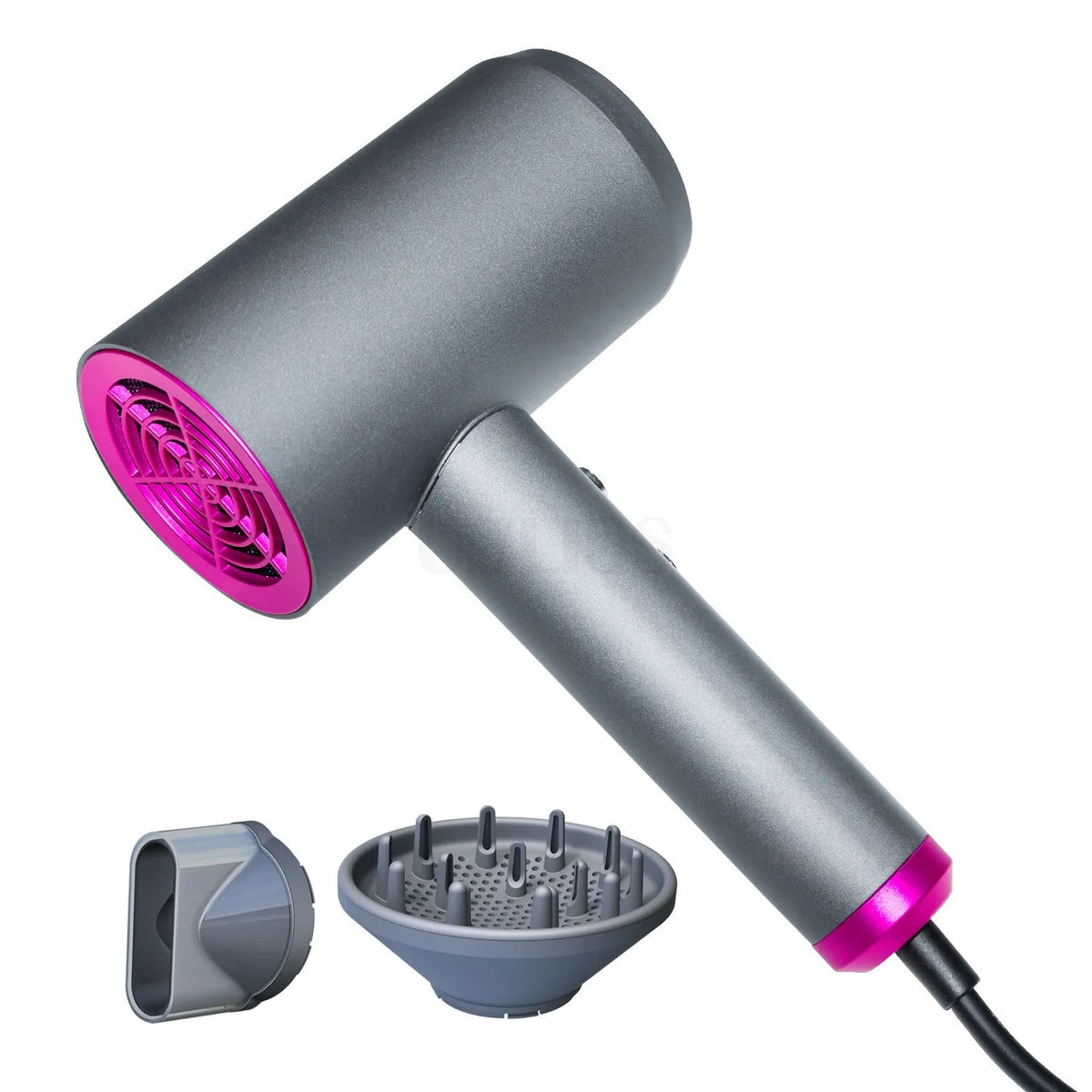 Grey PA nylon hair dryer with hot and cold air, three speed gears, diffuser and air collector, EU or US plug